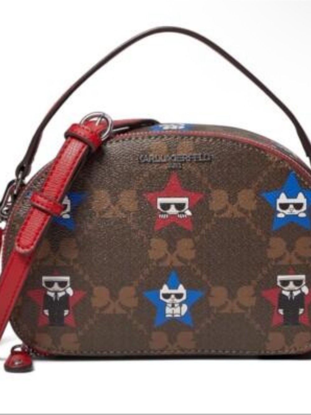Karl Lagerfeld Brown Dome Crossbody Bag with Red & Blue Star Accents
